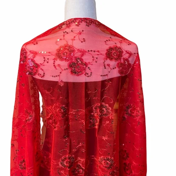 RED Glittering Sequin Fringed Evening Scarf/Shawl Wrap - Picture 3 of 5